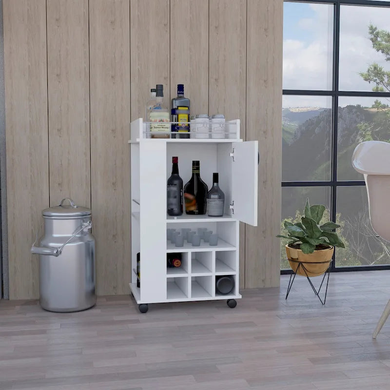Carrito de bar con gabinete, 6 botelleros integrados y ruedas