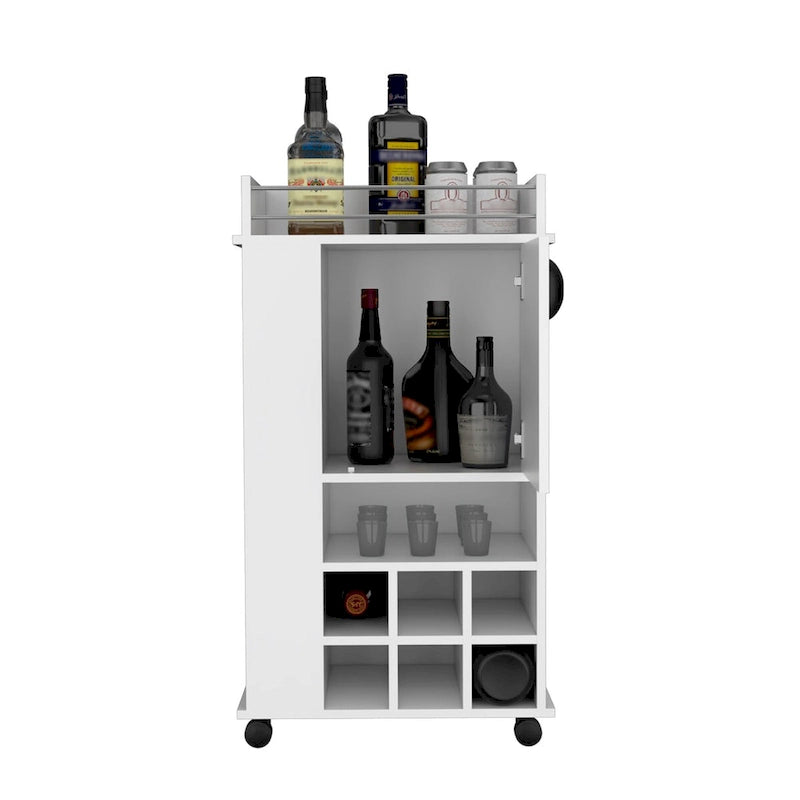 Carrito de bar con gabinete, 6 botelleros integrados y ruedas