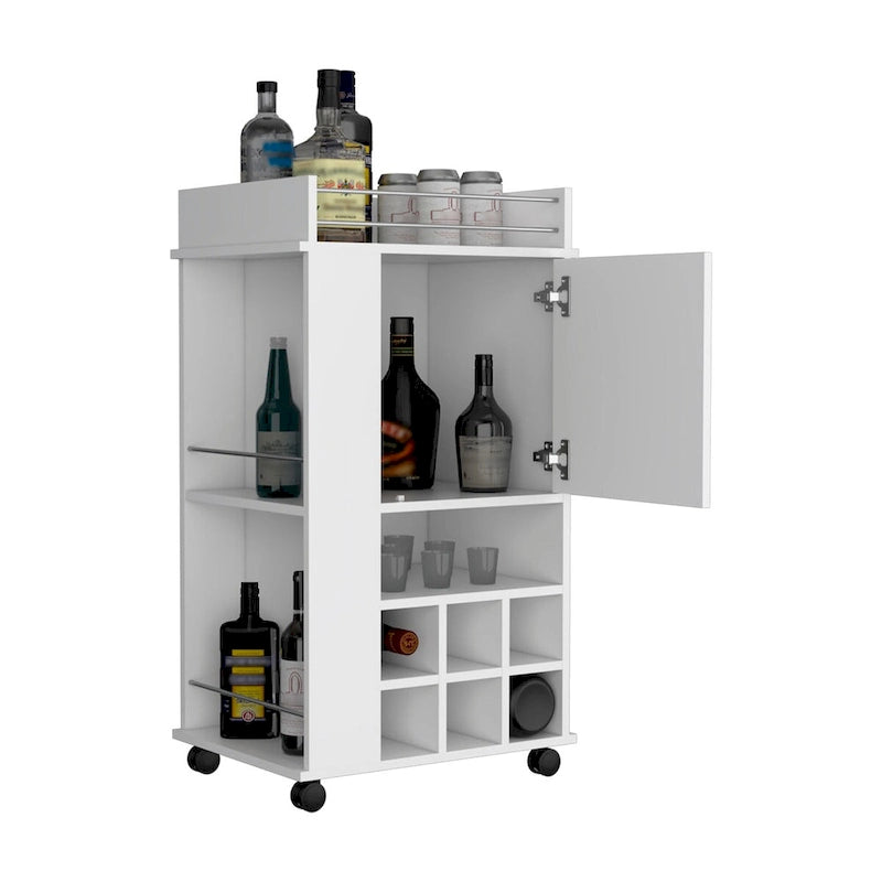 Barwagen mit Schrank, 6 integrierten Weinregalfächern und Rollen