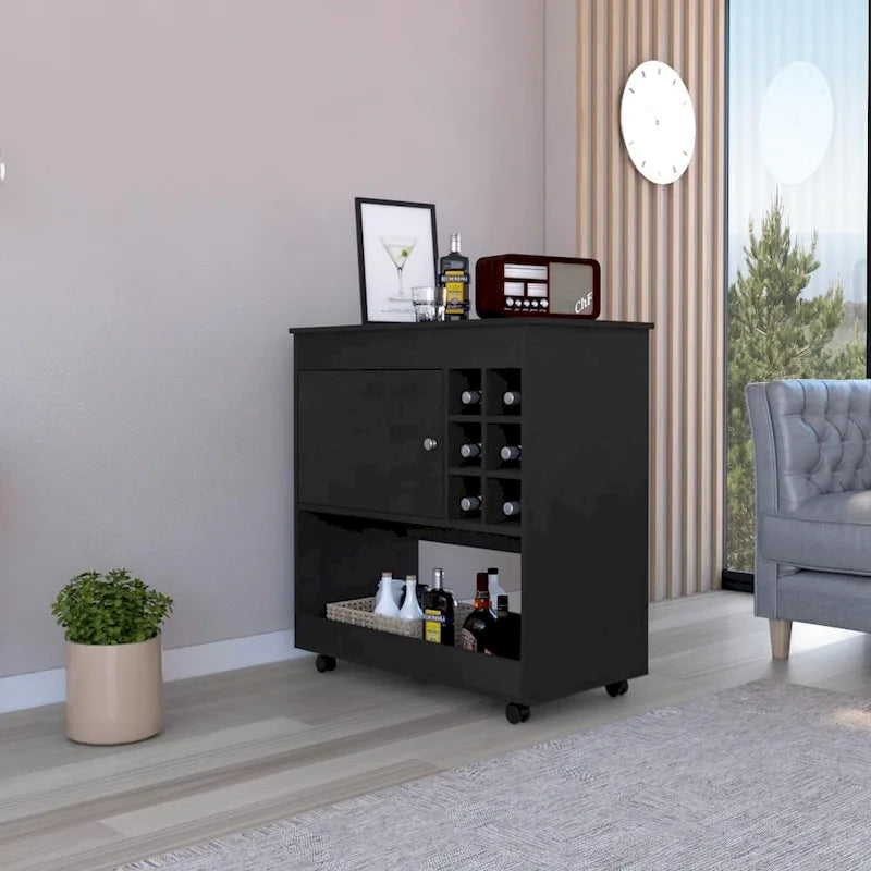 Carrito de bar con panel inferior, seis compartimentos para botellas y un gabinete, para cocina, fiestas y sala de estar