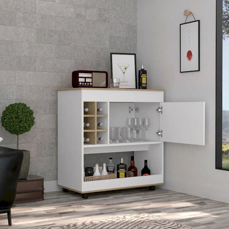 Carrito de bar con panel inferior, seis compartimentos para botellas y un gabinete, para cocina, fiestas y sala de estar