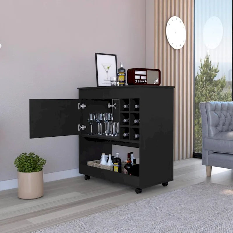 Carrito de bar con panel inferior, seis compartimentos para botellas y un gabinete, para cocina, fiestas y sala de estar