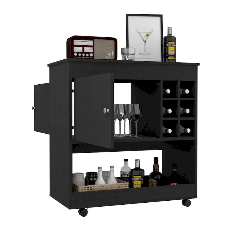 Carrito de bar con panel inferior, seis compartimentos para botellas y un gabinete, para cocina, fiestas y sala de estar