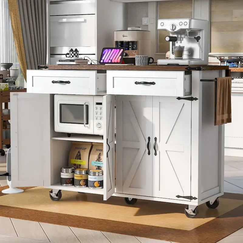 Carrito isla de cocina estilo rústico de 53.5 con toma de corriente, extensión abatible, especiero, 2 cajones y 5 ruedas