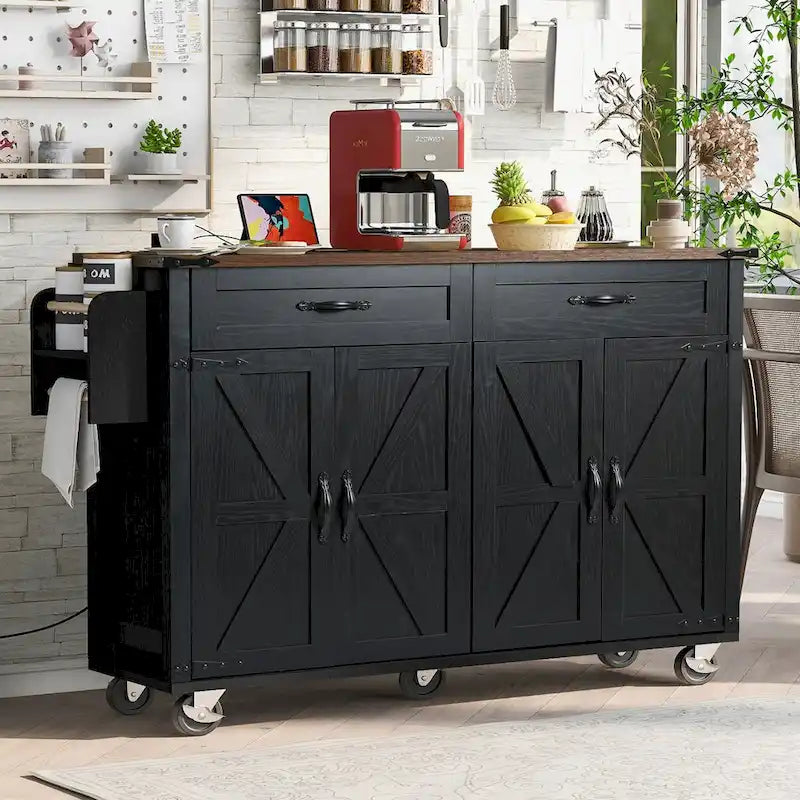Carrito isla de cocina estilo rústico de 53.5 con toma de corriente, extensión abatible, especiero, 2 cajones y 5 ruedas