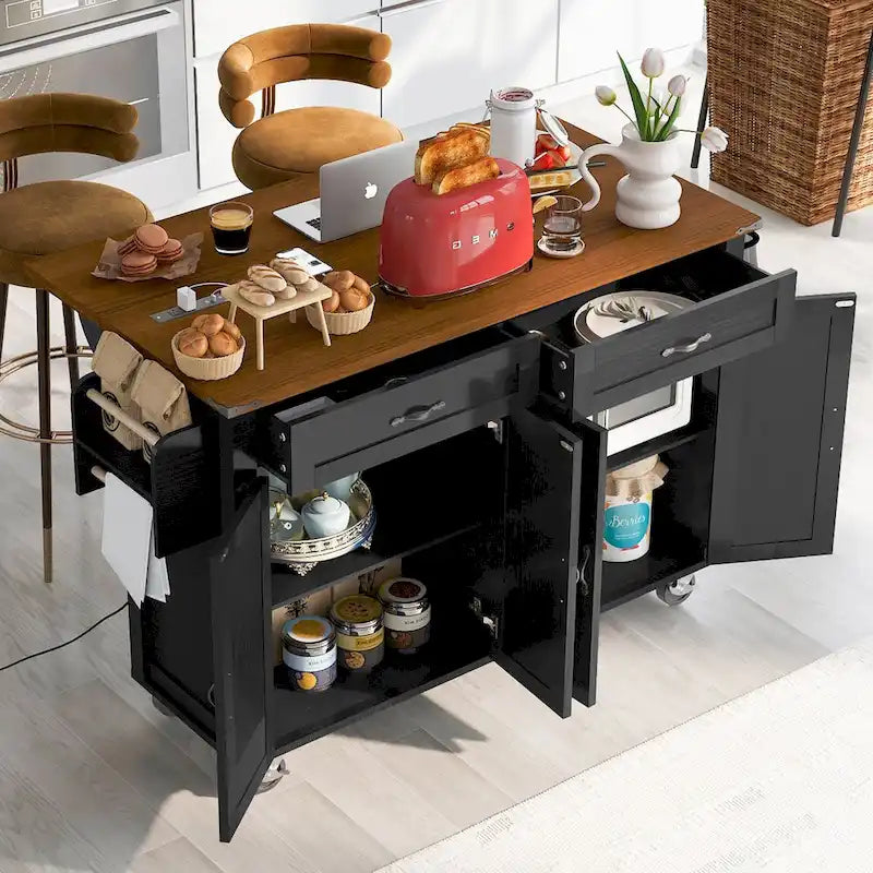 Carrito isla de cocina estilo rústico de 53.5 con toma de corriente, extensión abatible, especiero, 2 cajones y 5 ruedas