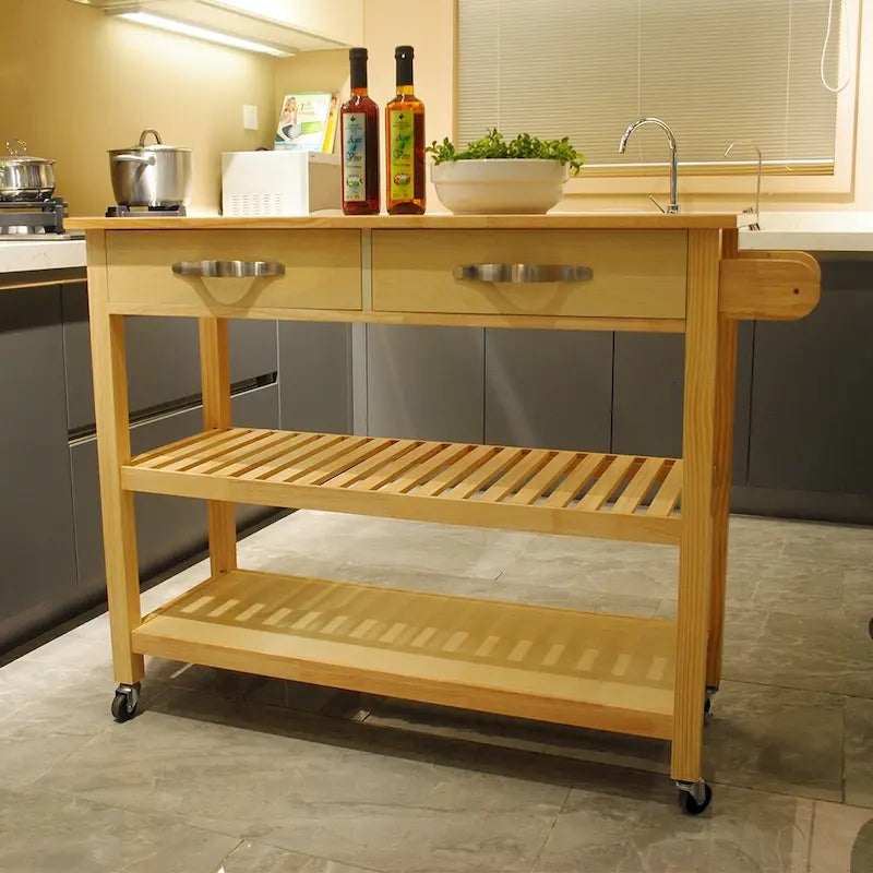 Isla y carrito de cocina de diseño sencillo, estantes dobles de exhibición y 2 cajones con superficie de madera