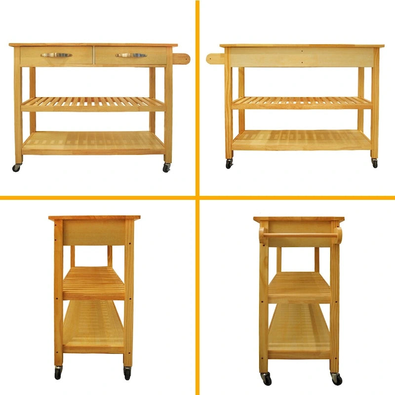 Isla y carrito de cocina de diseño sencillo, estantes dobles de exhibición y 2 cajones con superficie de madera