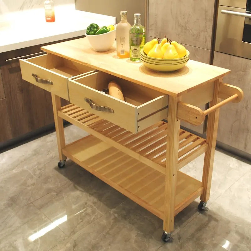 Isla y carrito de cocina de diseño sencillo, estantes dobles de exhibición y 2 cajones con superficie de madera