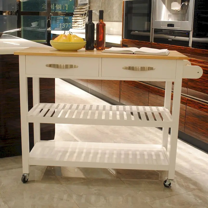 Simple Design Kitchen Island&Cart,Double Display Shelves and 2 Drawer with Wood Top