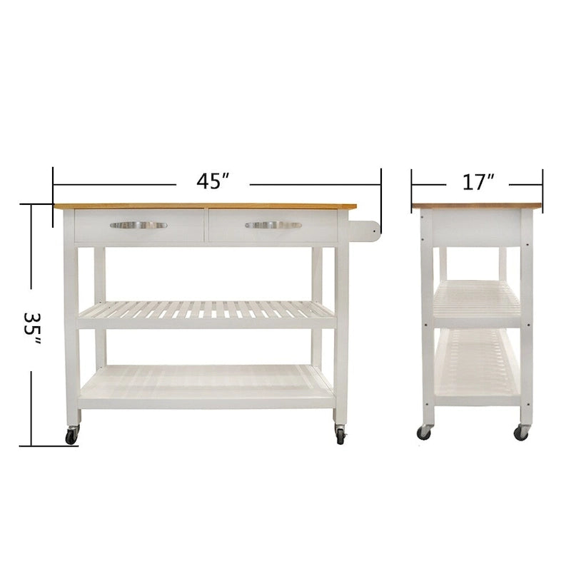 Simple Design Kitchen Island&Cart,Double Display Shelves and 2 Drawer with Wood Top