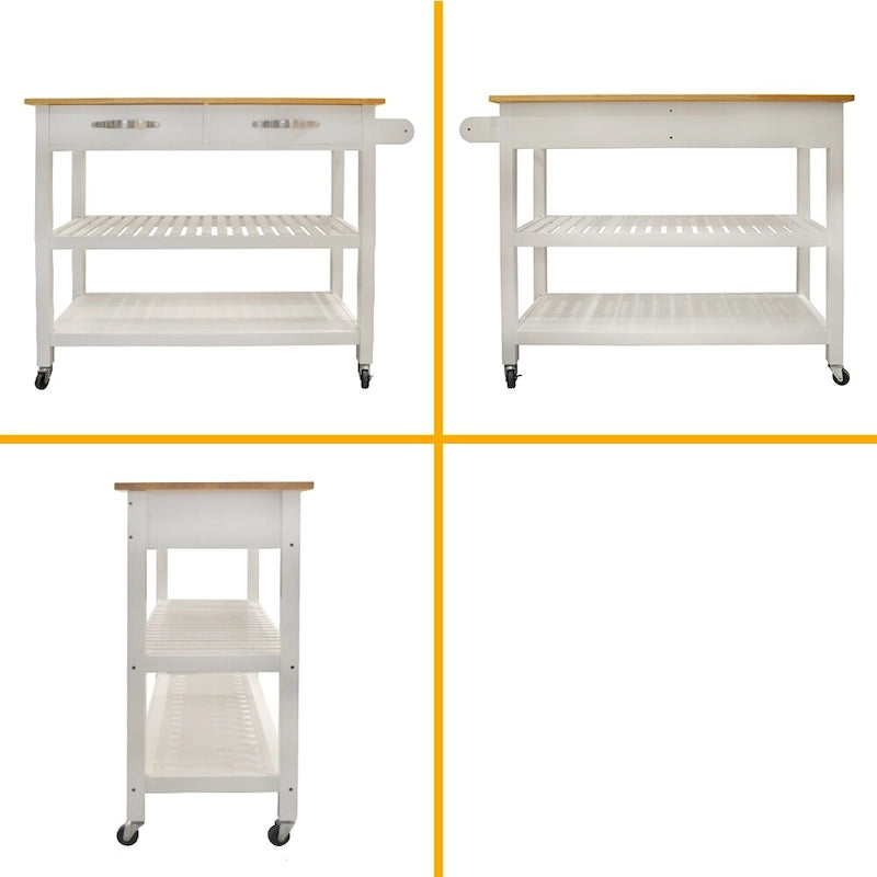 Simple Design Kitchen Island&Cart,Double Display Shelves and 2 Drawer with Wood Top