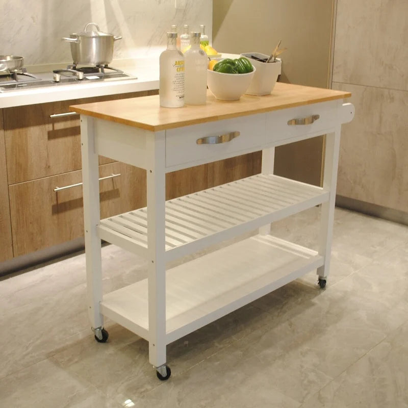 Simple Design Kitchen Island&Cart,Double Display Shelves and 2 Drawer with Wood Top