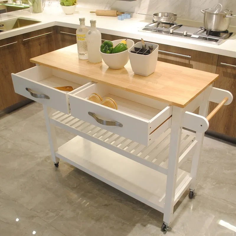 Simple Design Kitchen Island&Cart,Double Display Shelves and 2 Drawer with Wood Top