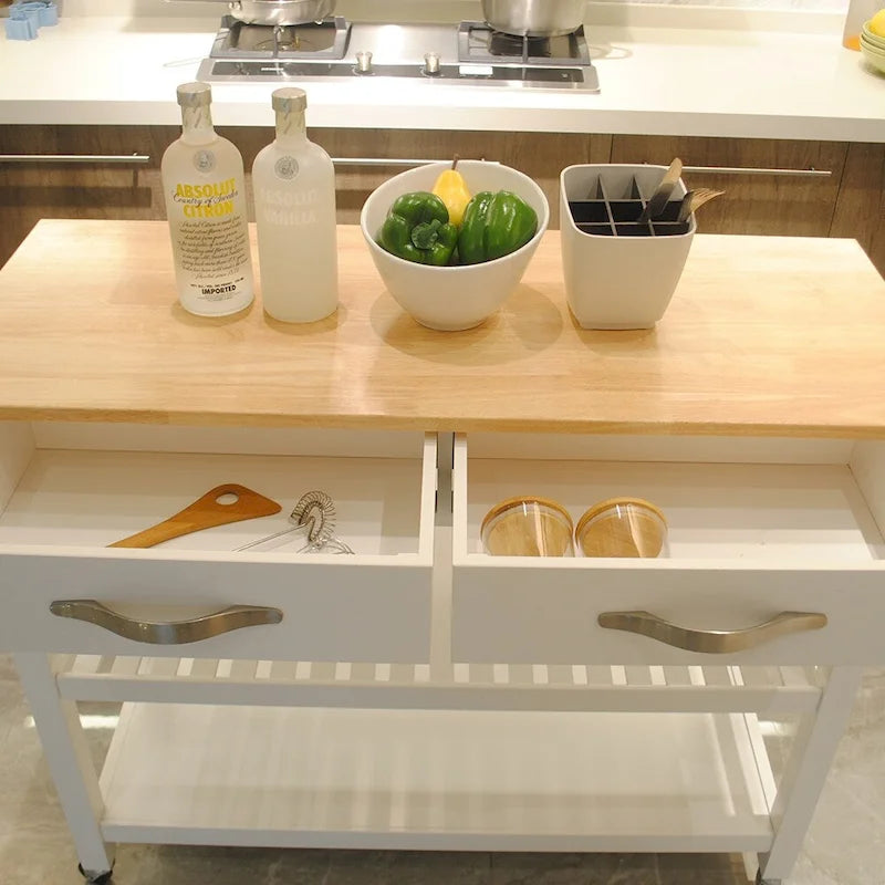 Simple Design Kitchen Island&Cart,Double Display Shelves and 2 Drawer with Wood Top