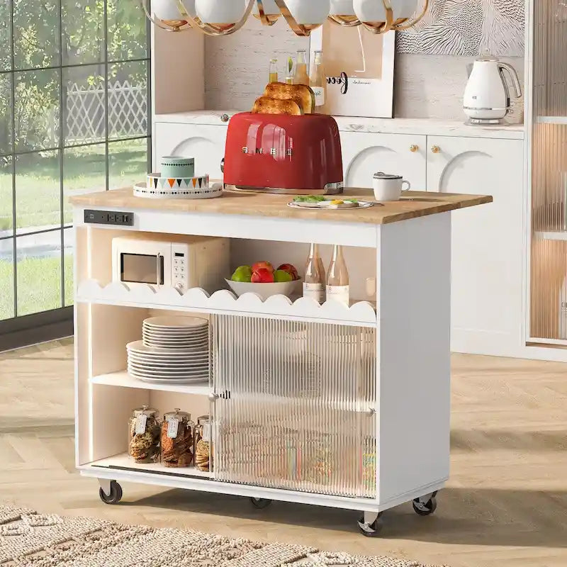 Isla de cocina de 44 in. de ancho, con encimera abatible de madera de caucho, 5 ruedas, estante abierto y botellero - 44