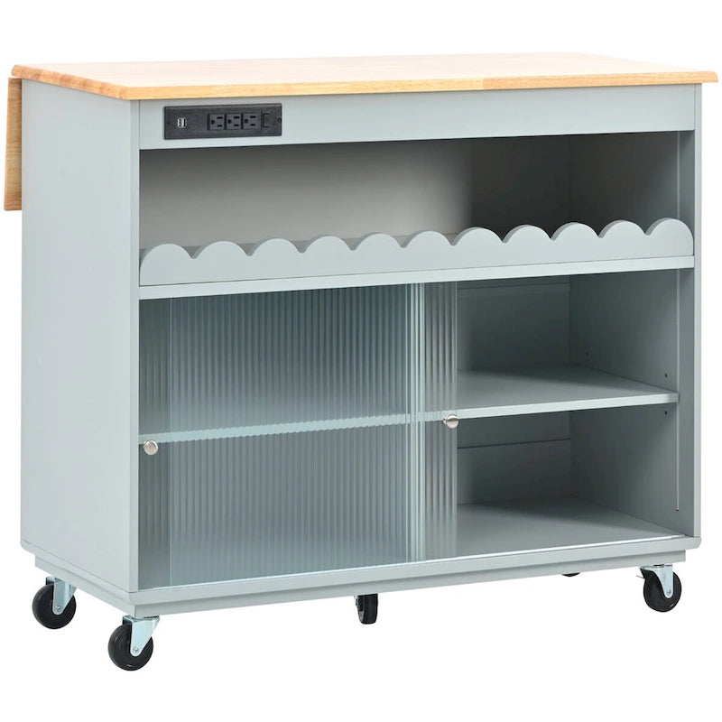 Isla de cocina de 44 in. de ancho, con encimera abatible de madera de caucho, 5 ruedas, estante abierto y botellero - 44