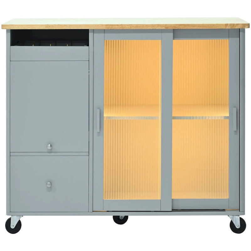 Ilha de cozinha com carrinho, bancada rebatível, iluminação LED, portas de vidro canelado, prateleira ajustável e duas gavetas