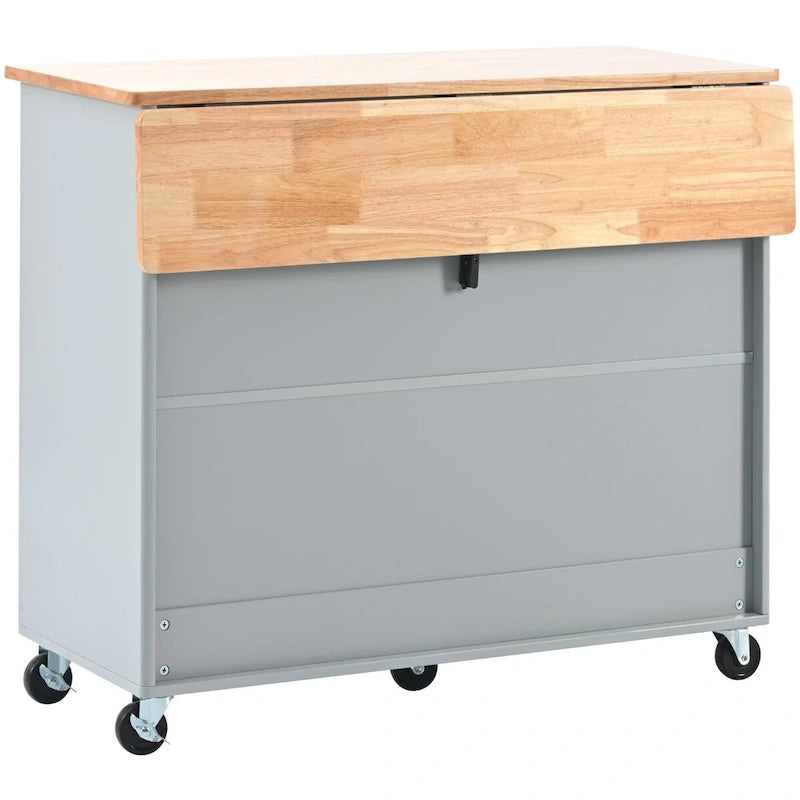 Ilha de cozinha com carrinho, bancada rebatível, iluminação LED, portas de vidro canelado, prateleira ajustável e duas gavetas