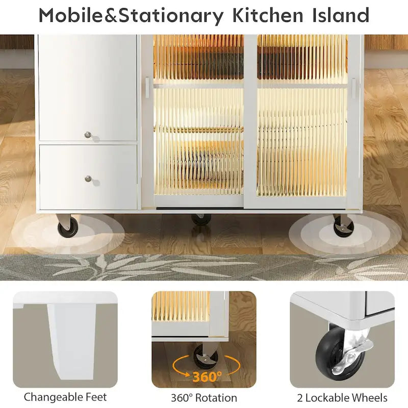 Ilha de cozinha com carrinho, bancada rebatível, iluminação LED, portas de vidro canelado, prateleira ajustável e duas gavetas