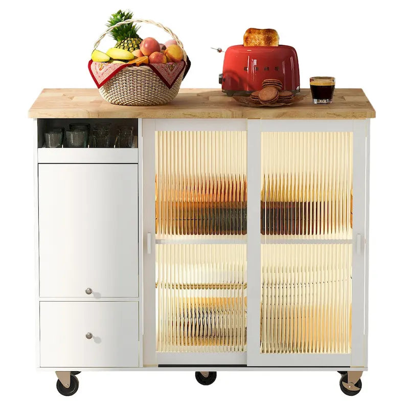 Ilha de cozinha com carrinho, bancada rebatível, iluminação LED, portas de vidro canelado, prateleira ajustável e duas gavetas