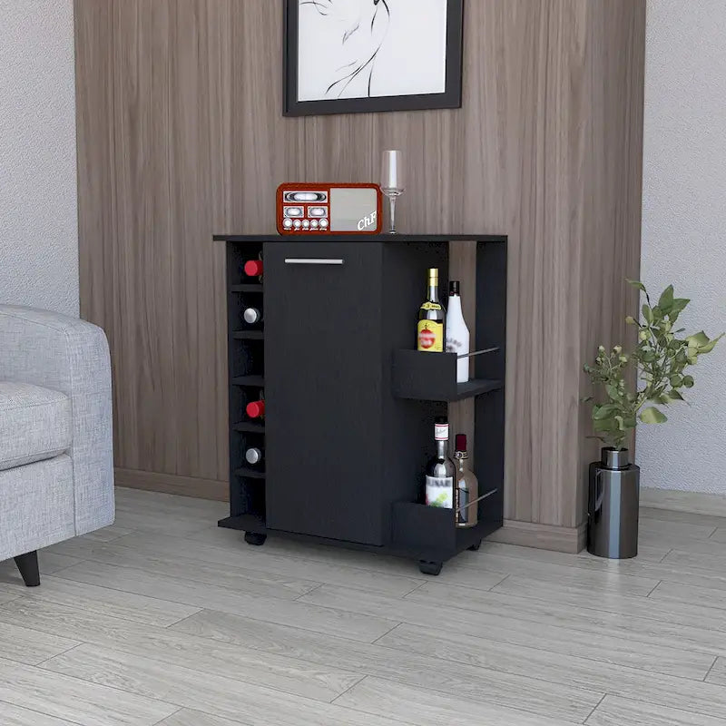 Carrito de bar Woodland con ruedas, botellero y estante abierto, negro