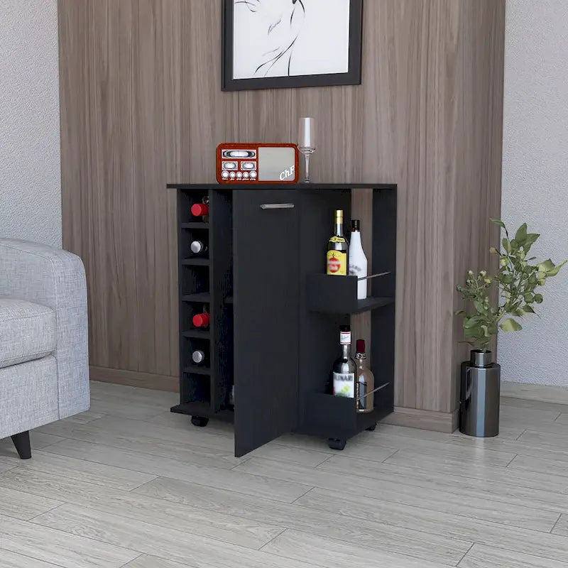 Carrito de bar Woodland con ruedas, botellero y estante abierto, negro