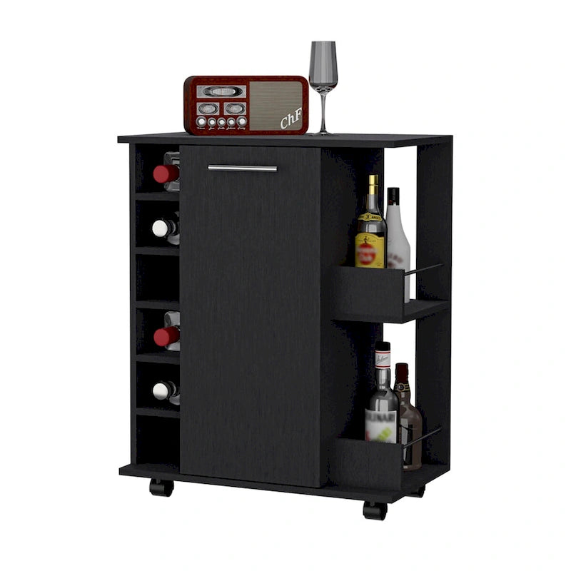 Carrito de bar Woodland con ruedas, botellero y estante abierto, negro