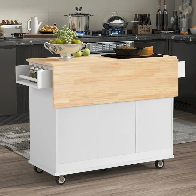 Isla de cocina móvil con ruedas, superficie de madera maciza y ruedas con bloqueo