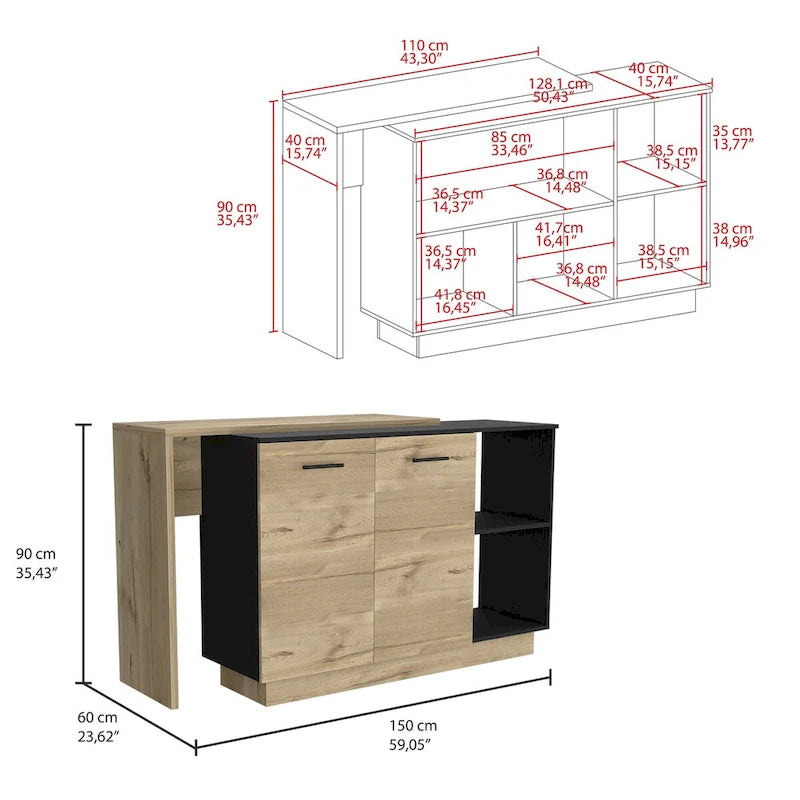Kücheninsel für Küche und Esszimmer, Schwarz / helle Eiche