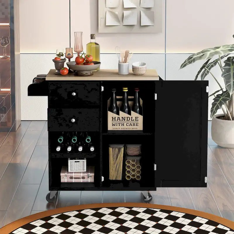 Desserte de cuisine en hévéa avec plateau rabattable, étagère de rangement intérieure, porte-serviettes, porte-épices et 2 tiroirs