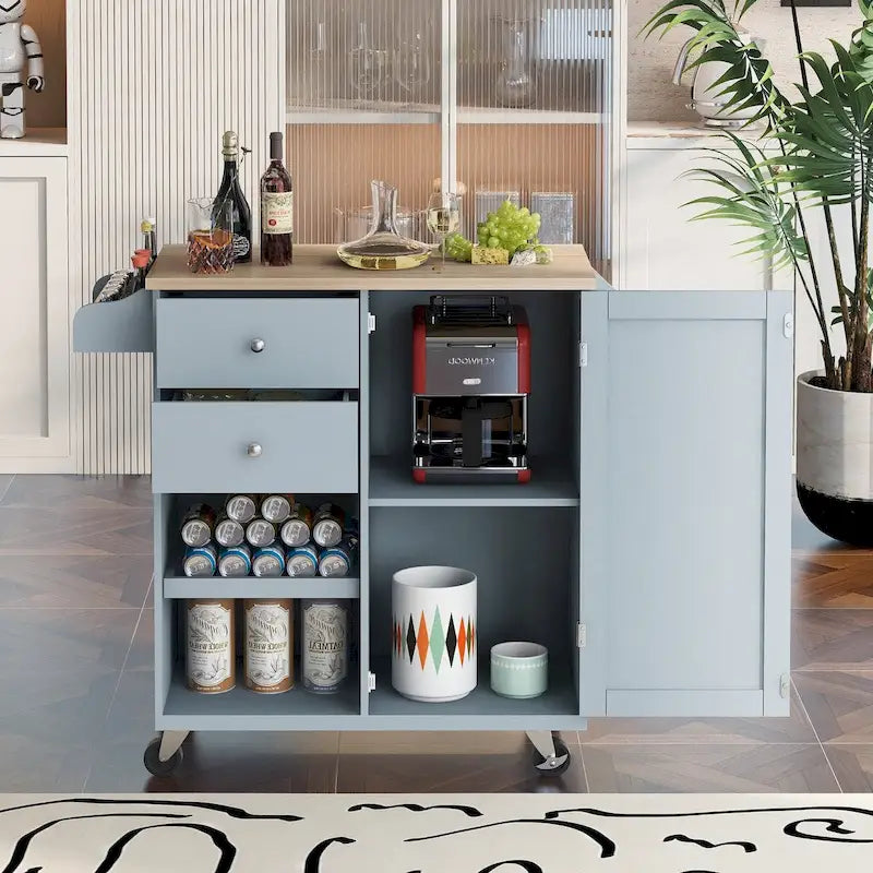 Desserte de cuisine en hévéa avec plateau rabattable, étagère de rangement intérieure, porte-serviettes, porte-épices et 2 tiroirs