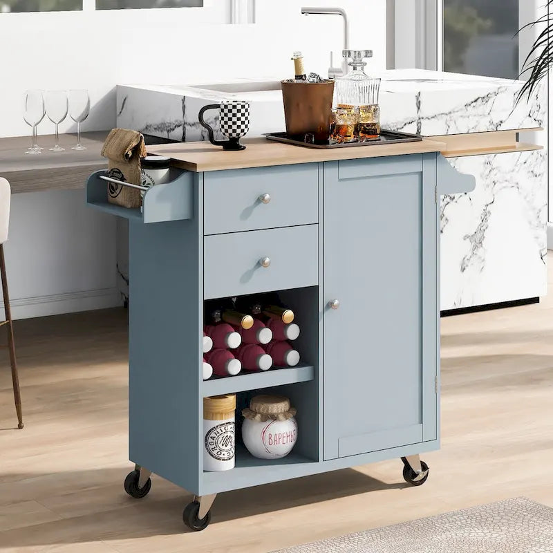 Desserte de cuisine en hévéa avec plateau rabattable, étagère de rangement intérieure, porte-serviettes, porte-épices et 2 tiroirs