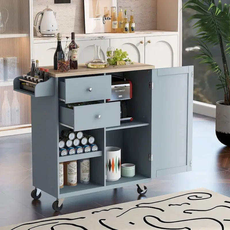 Desserte de cuisine en hévéa avec plateau rabattable, étagère de rangement intérieure, porte-serviettes, porte-épices et 2 tiroirs