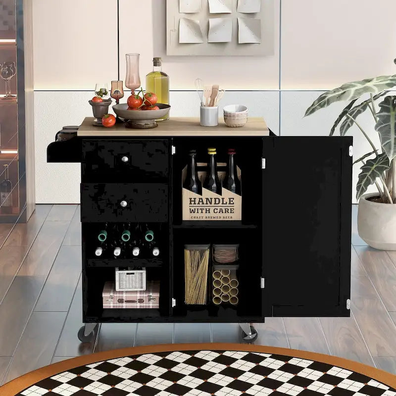 Desserte de cuisine en hévéa avec plateau rabattable, étagère de rangement intérieure, porte-serviettes, porte-épices et 2 tiroirs