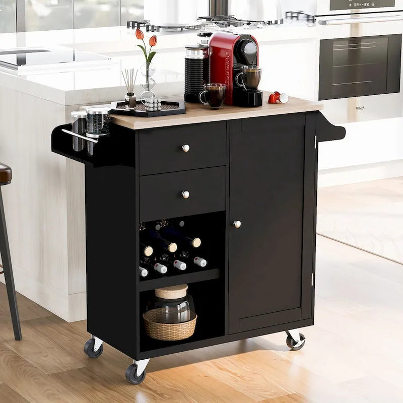 Desserte de cuisine en hévéa avec plateau rabattable, étagère de rangement intérieure, porte-serviettes, porte-épices et 2 tiroirs