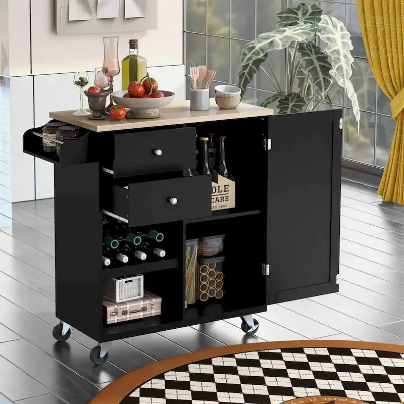 Desserte de cuisine en hévéa avec plateau rabattable, étagère de rangement intérieure, porte-serviettes, porte-épices et 2 tiroirs