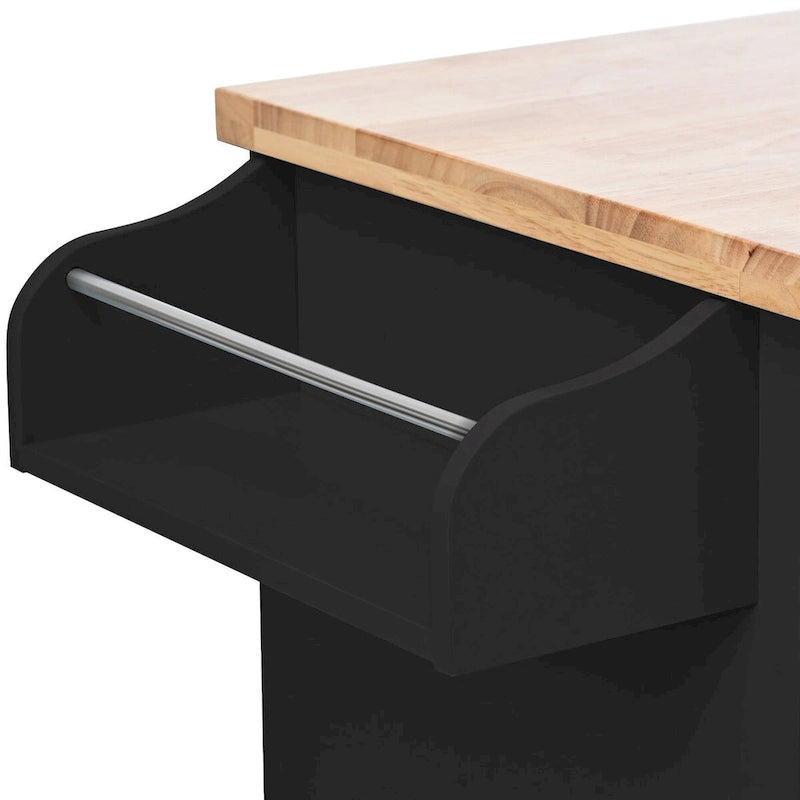 Desserte de cuisine en hévéa avec plateau rabattable, étagère de rangement intérieure, porte-serviettes, porte-épices et 2 tiroirs