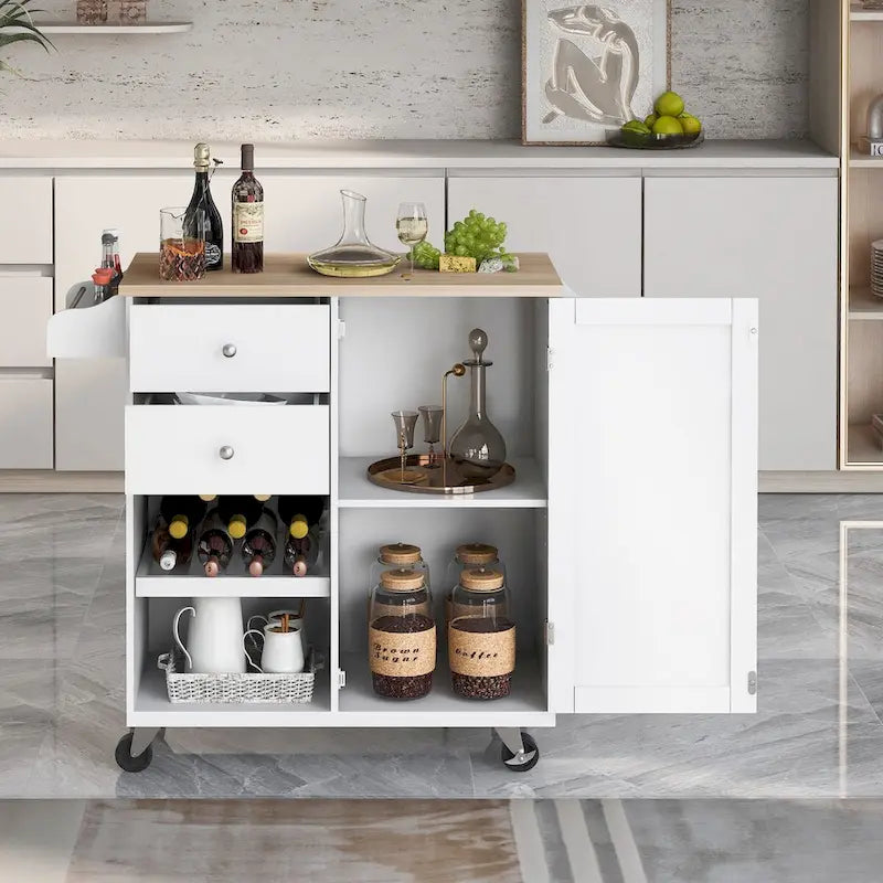 Desserte de cuisine en hévéa avec plateau rabattable, étagère de rangement intérieure, porte-serviettes, porte-épices et 2 tiroirs