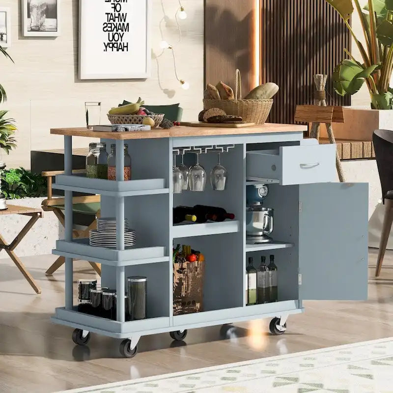 Carrito de cocina de madera de caucho con estantes ajustables y botellero