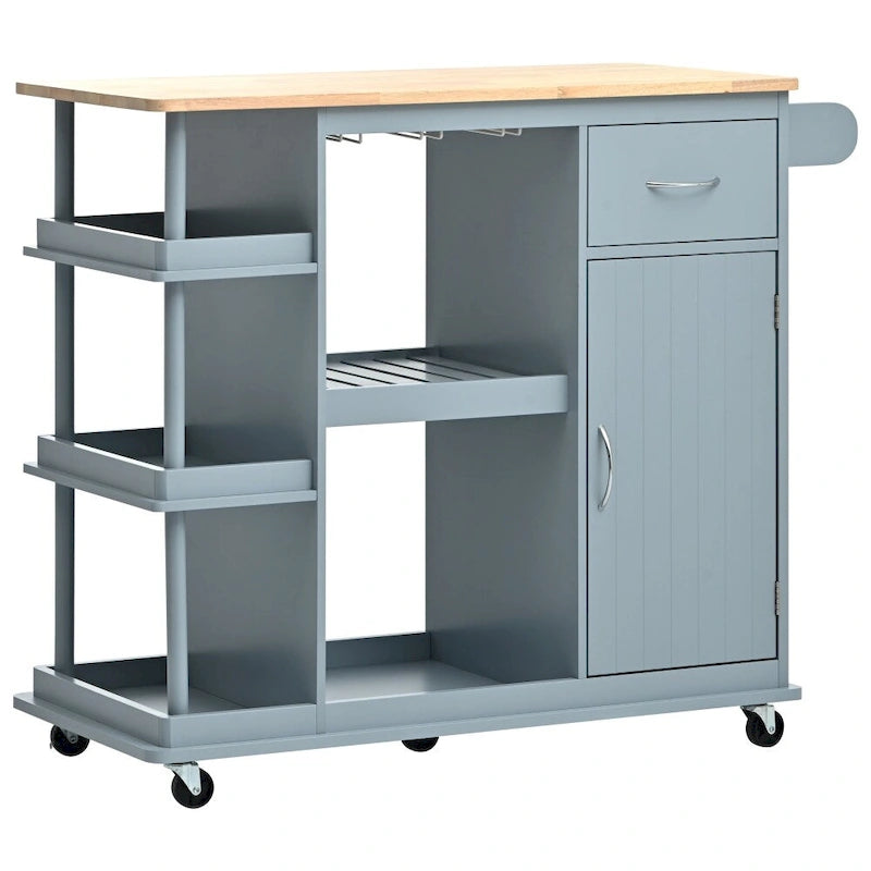 Carrito de cocina de madera de caucho con estantes ajustables y botellero