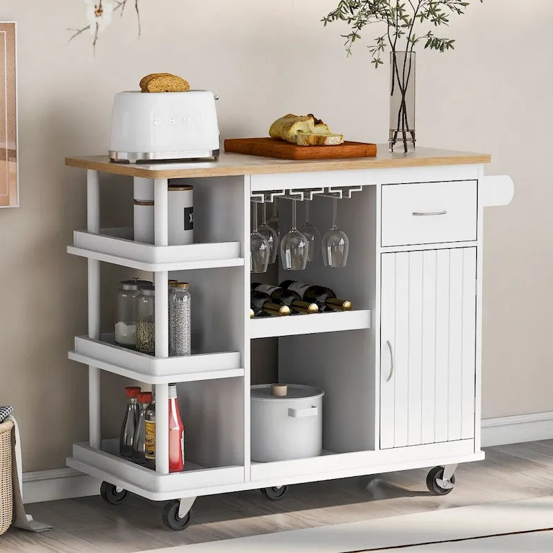 Carrito de cocina de madera de caucho con estantes ajustables y botellero