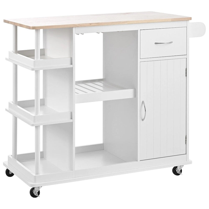 Carrito de cocina de madera de caucho con estantes ajustables y botellero