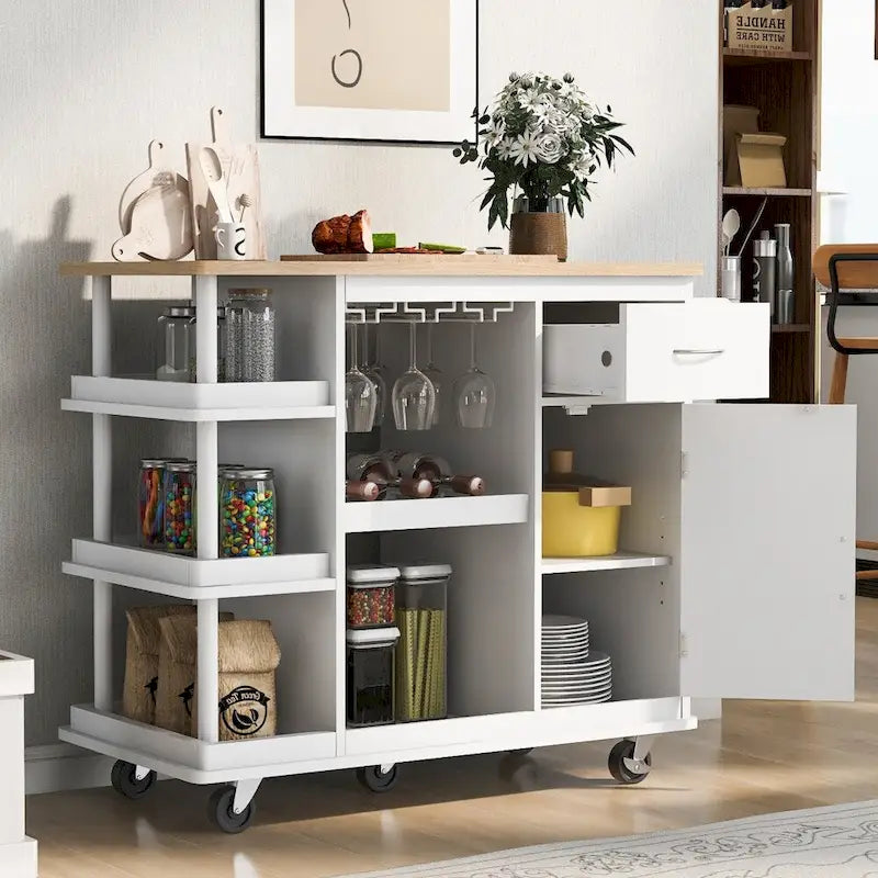 Carrito de cocina de madera de caucho con estantes ajustables y botellero