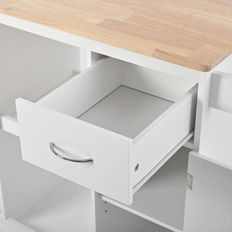 Carrito de cocina de madera de caucho con estantes ajustables y botellero
