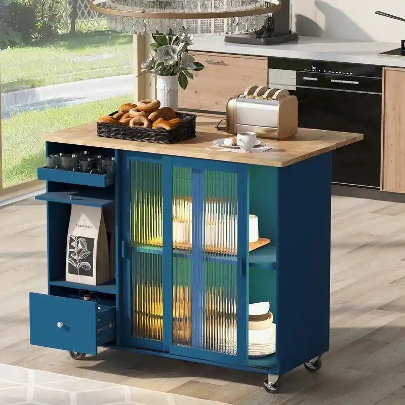 Carrinho de ilha de cozinha com rodas, aba rebatível, luz LED, 2 portas de vidro canelado e 1 porta de armário basculante