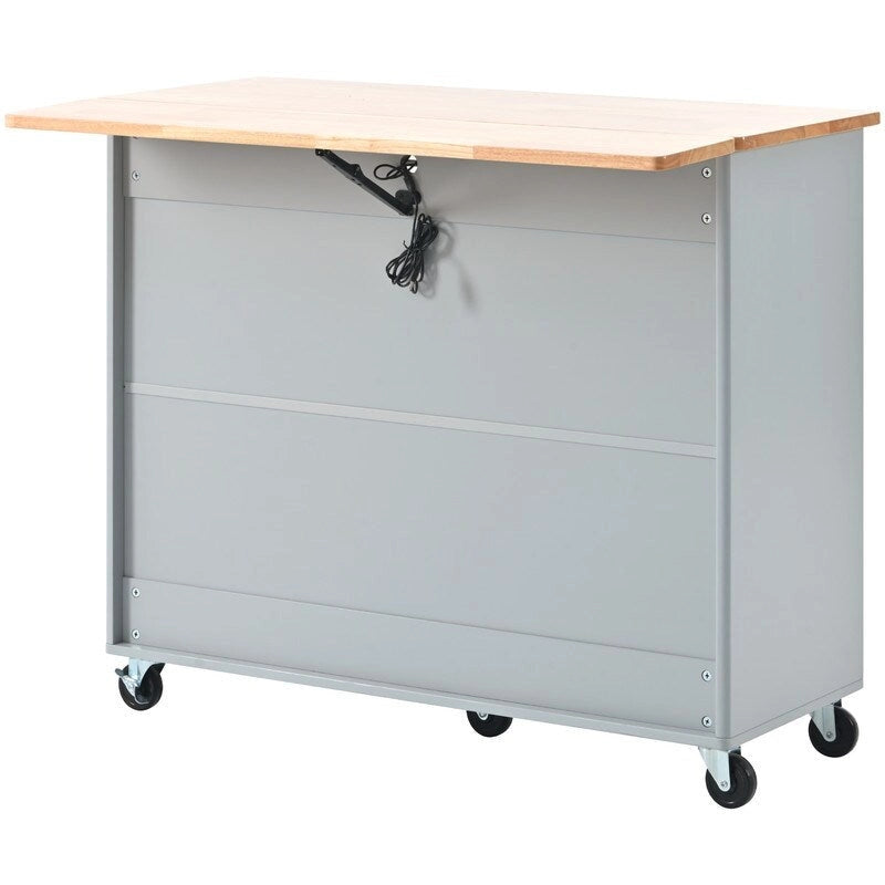 Carrello isola da cucina su ruote con piano ribaltabile, luce LED, 2 ante in vetro scanalato e 1 anta a ribalta