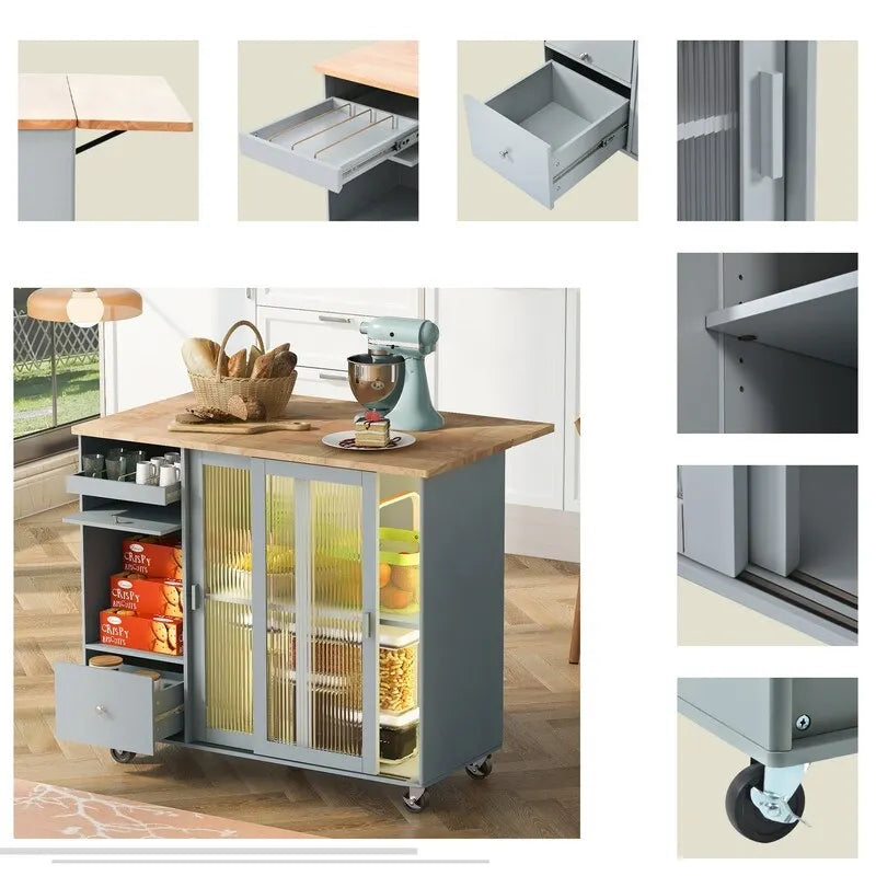Carrello isola da cucina su ruote con piano ribaltabile, luce LED, 2 ante in vetro scanalato e 1 anta a ribalta