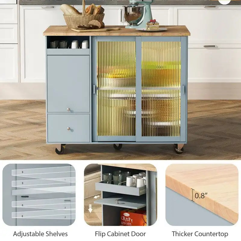 Carrello isola da cucina su ruote con piano ribaltabile, luce LED, 2 ante in vetro scanalato e 1 anta a ribalta