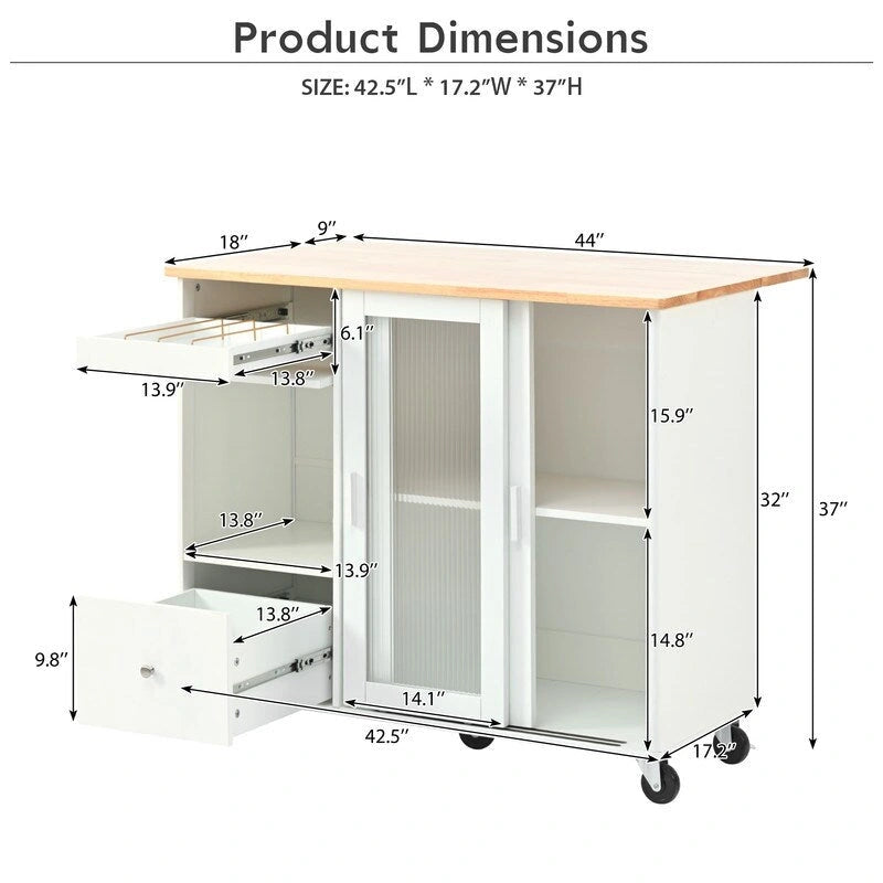 Carrello isola da cucina su ruote con piano ribaltabile, luce LED, 2 ante in vetro scanalato e 1 anta a ribalta